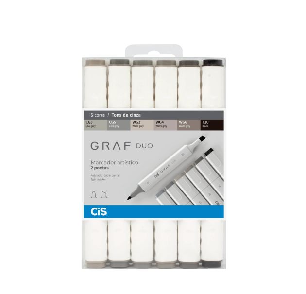 Kit Marcador Artístico Cis Graf DUO - 6 Cores - Tons de Cinza